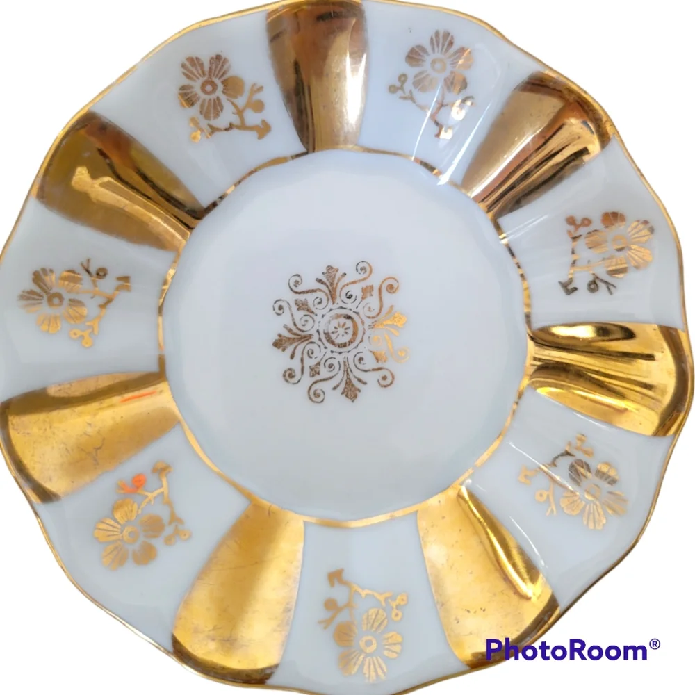 Vintage Bernadotte Gilded Set of 3 tea cups 2 soucer plates and one candy dish